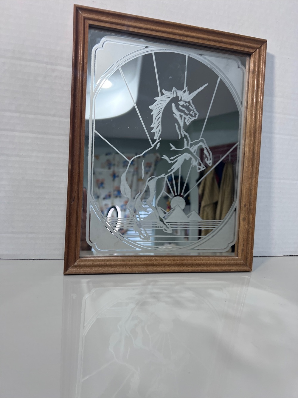 Vintage 1980s Etched Unicorn Mirror Wood Frame Sun Pyramid Fantasy Wall Art